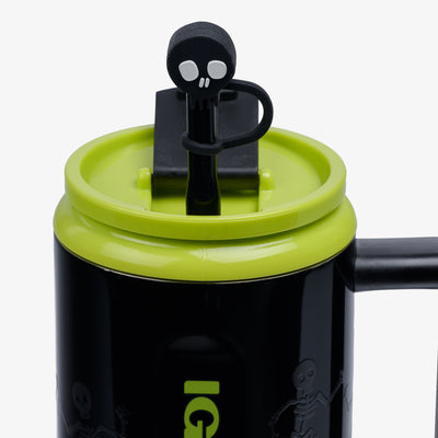 Angle View | 32 Oz Flip ‘n’ Sip Travel Mug::Skeleton Glow::Gasketed, leak-resistant straw
