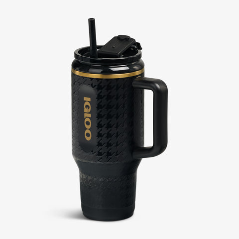 Angle View | 32 Oz Flip ‘n’ Sip Travel Mug::Luxe Black::Luxe pattern w/gold accents