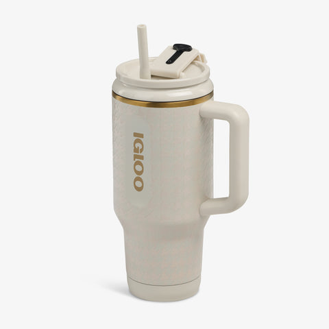 Angle View | 32 Oz Flip ‘n’ Sip Travel Mug::Luxe Linen::Luxe pattern w/gold accents