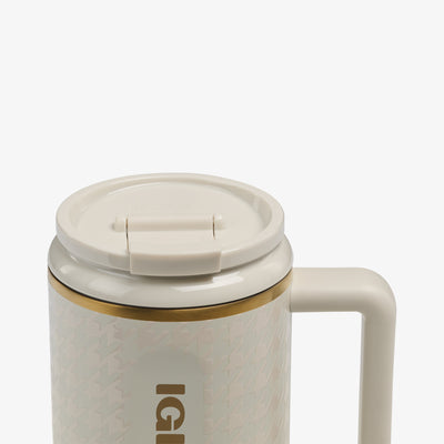 Angle View | 32 Oz Flip ‘n’ Sip Travel Mug::Luxe Linen::Leakproof Flip ‘n’ Sip lid