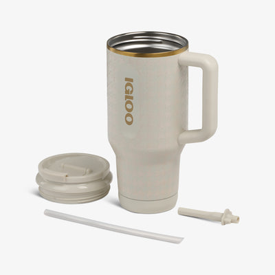 Angle View | 32 Oz Flip ‘n’ Sip Travel Mug::Luxe Linen::Double-wall, vacuum-insulated