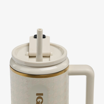 Angle View | 32 Oz Flip ‘n’ Sip Travel Mug::Luxe Linen::Gasketed, leak-resistant straw