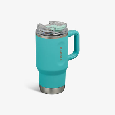 Angle View | 18 Oz Flip ‘n’ Sip Travel Mug::Lagoon Teal::No-look-sip indicator