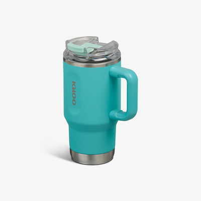 Angle View | 18 Oz Flip ‘n’ Sip Travel Mug::Lagoon Teal::Ergonomic handle