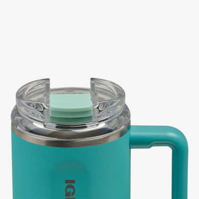 Lid Closed View | 18 Oz Flip ‘n’ Sip Travel Mug::Lagoon Teal::Leakproof flip ‘n’ sip lid