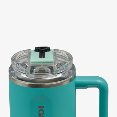 Lid Open View | 18 Oz Flip ‘n’ Sip Travel Mug::Lagoon Teal::Hot/cold compatible