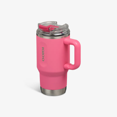 Angle View | 18 Oz Flip ‘n’ Sip Travel Mug::Thrift Pink::Ergonomic handle