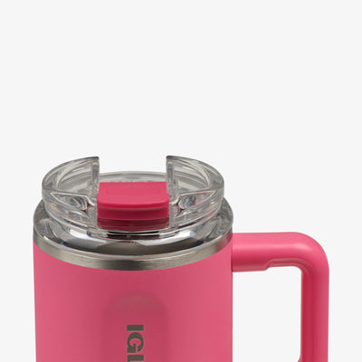 Lid Closed View | 18 Oz Flip ‘n’ Sip Travel Mug::Thrift Pink::Leakproof flip ‘n’ sip lid