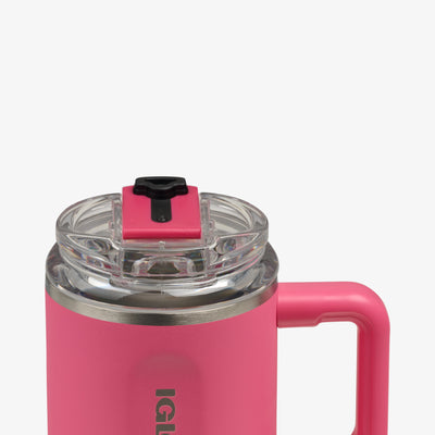 Lid Open View | 18 Oz Flip ‘n’ Sip Travel Mug::Thrift Pink::Hot/cold compatible