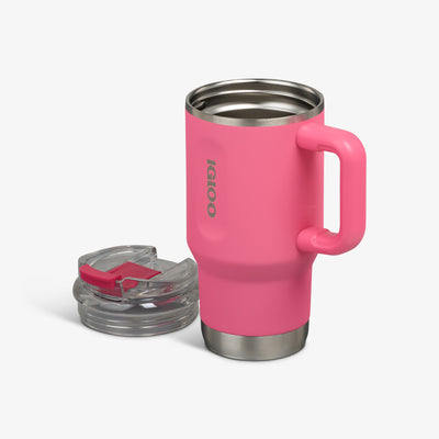 Lid Off View | 18 Oz Flip ‘n’ Sip Travel Mug::Thrift Pink::Double-wall, vacuum-insulated