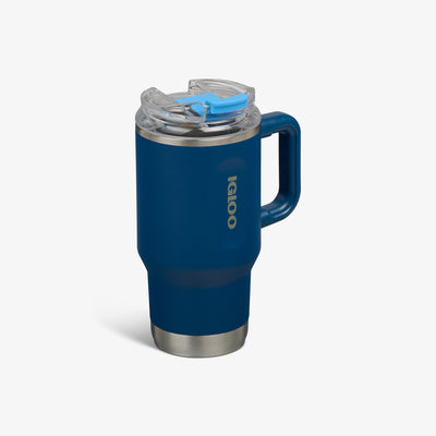 Angle View | 18 Oz Flip ‘n’ Sip Travel Mug::Blue Shale::No-look-sip indicator