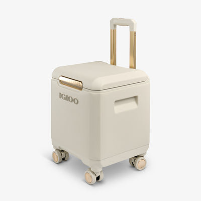 Angle View | Tag Along Too Spinner Cooler::Luxe Linen::Telescoping handle