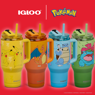 Four IGLOO x Pokemon insulated tumblers with handles and straws, shown in yellow, orange, blue, and green with Pikachu, Charizard, Squirtle, and Blastoise designs on a red background.