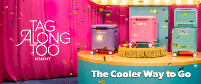 Colorful Igloo Tag Along Too 360 Spinner coolers on stage.