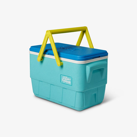 Angle View | Retro Limited Edition Picnic Basket 25 Qt Cooler::Aquamarine::Molded-in side handles