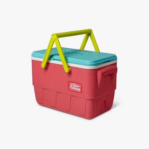 Angle View | Retro Limited Edition Picnic Basket 25 Qt Cooler::Watermelon::Molded-in side handles