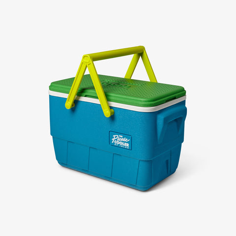 Angle View | Retro Limited Edition Picnic Basket 25 Qt Cooler::Fiesta Blue::Molded-in side handles