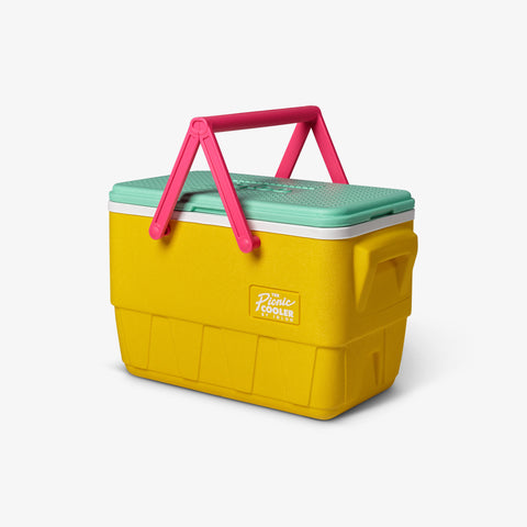 Angle View | Retro Limited Edition Picnic Basket 25 Qt Cooler::Yellow::Molded-in side handles