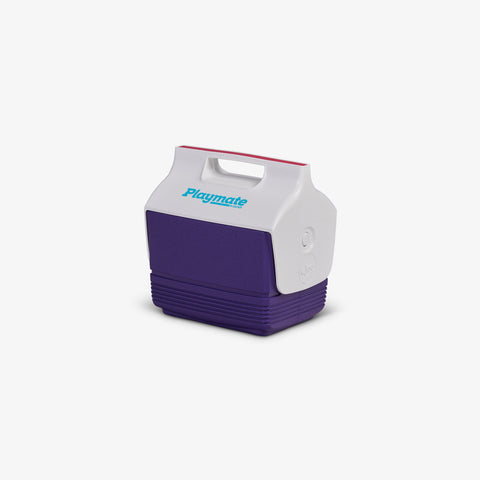 Angle View | Retro Limited Edition Playmate Mini 4 Qt Cooler::Purple::Original side-push button