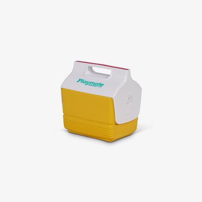 Angle View | Retro Limited Edition Playmate Mini 4 Qt Cooler::Yellow::Original side-push button