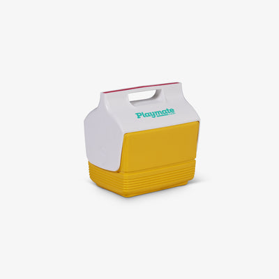 Angle View | Retro Limited Edition Playmate Mini 4 Qt Cooler::Yellow::Trademarked tent-top design