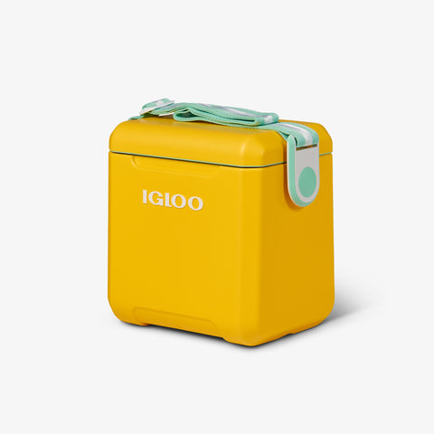 Angle View | Tag Along Too Cooler::Yellow/Mint::Adjustable shoulder strap