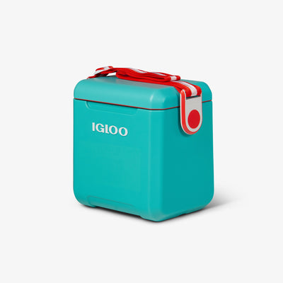 Angle View | Tag Along Too Cooler::Aquatic Teal/Red::Adjustable shoulder strap