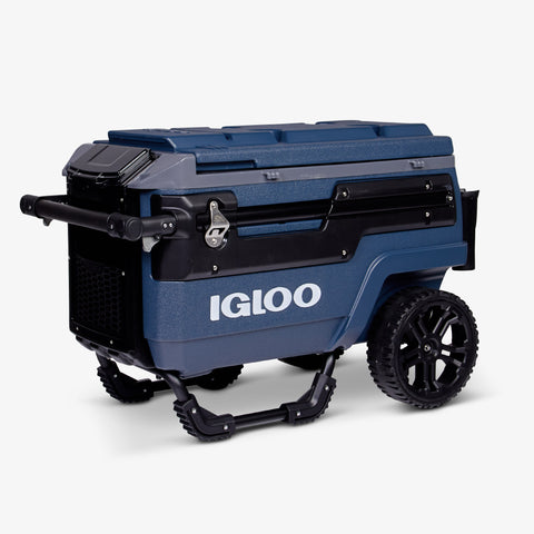 Angle View | Trailmate Journey 70 Qt Cooler::Rugged Blue::All-terrain, smooth-ride wheels