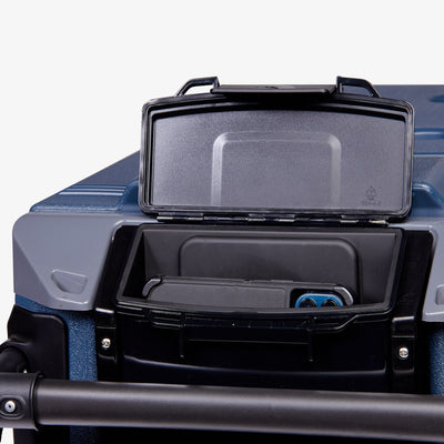 Storage View | Trailmate Journey 70 Qt Cooler::Rugged Blue::Locking dry storage compartment