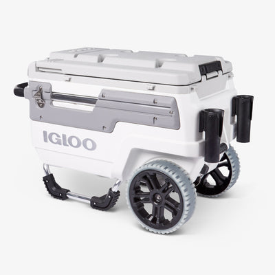 Angle View | Igloo Trailmate Marine 70 Qt Cooler::White/Gray::Oversized, anti-skid wheels