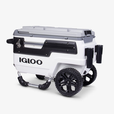 Back Angle View | Trailmate Journey 70 Qt Cooler::White/Black::Oversized, smooth-ride wheels