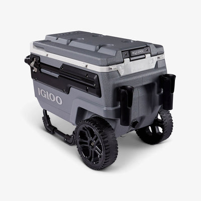 Angle View | Trailmate Journey 70 Qt Cooler::Gray/Black::Oversized, smooth-ride wheels
