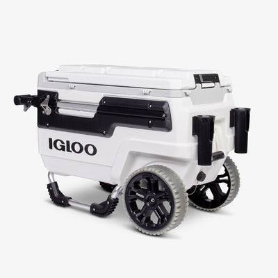 Angle View | Igloo Trailmate Marine 70 Qt Cooler::White/Black::All-terrain, non-marking wheels