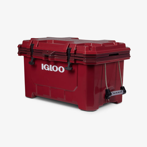 Angle View | IMX 70 Qt Cooler::Bedrock Red::Steel-braided cable handles