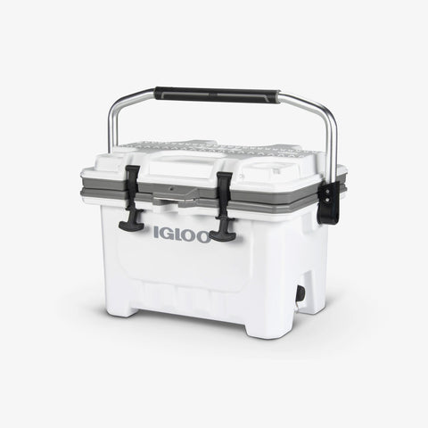 Angle View | IMX 24 Qt Cooler::White::Stainless steel bottle opener