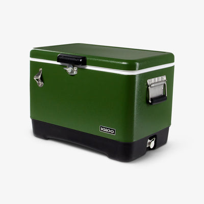 Angle View | Legacy Stainless Steel 54 Qt Cooler::Green::Secure & Easy to Carry
