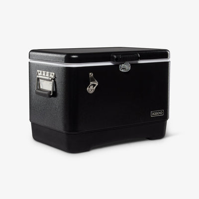 Angle View | Legacy Stainless Steel 54 Qt Cooler::Black::Built-In Bottle Opener