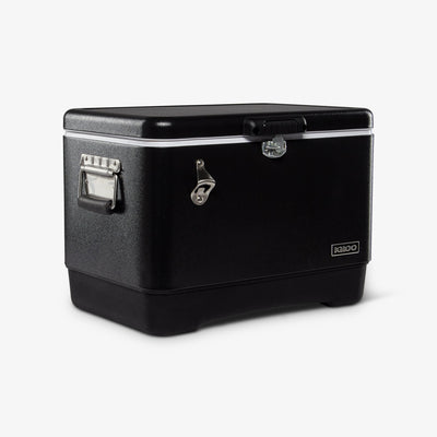 Angle View | Legacy Stainless Steel 54 Qt Cooler::Black::Built-in bottle opener