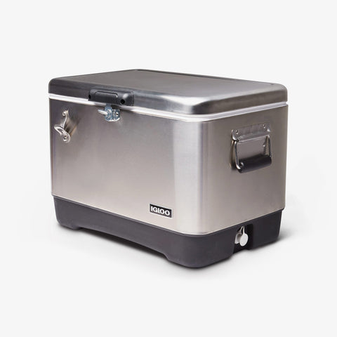 Angle View | Legacy 54 Qt Cooler::Stainless Steel::Secure & easy to carry