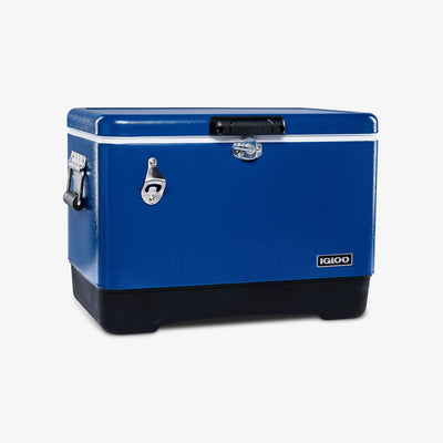 Angle View | Legacy Stainless Steel 54 Qt Cooler::Blue::Built-In Bottle Opener