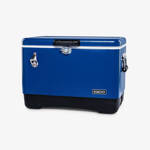Angle View | Legacy Stainless Steel 54 Qt Cooler::Blue::Secure & Easy to Carry