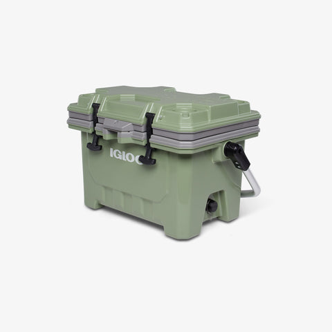 Angle View | IMX 24 Qt Cooler::Oil Green::Stainless steel bottle opener