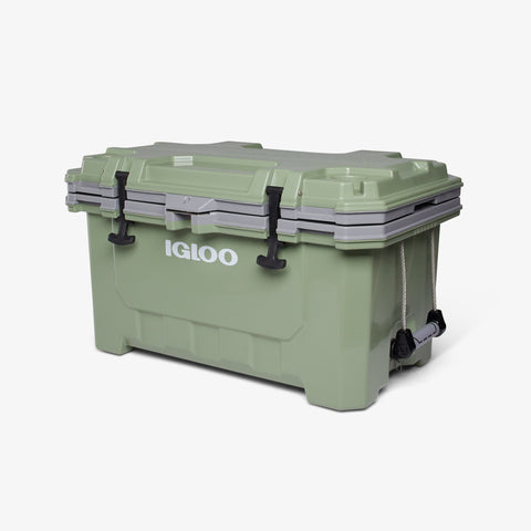 Angle View | IMX 70 Qt Cooler::Oil Green::Steel-braided cable handles