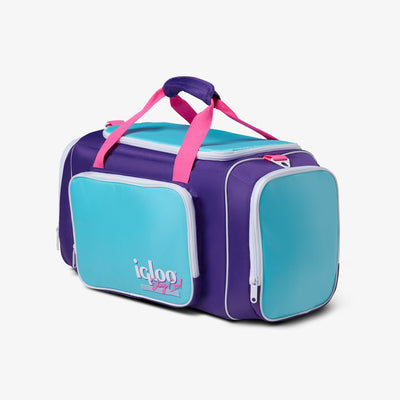 Angle View | Retro Duffel Bag Cooler::Purple::Large main compartment