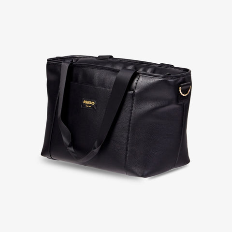 Angle View | Igloo Luxe Tote Cooler Bag::Black::Vegan leather exterior