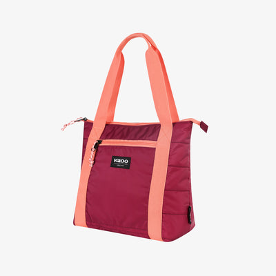 Angle View | Packable Puffer 10-Can Cooler Bag::Magenta::Made from recycled water bottles