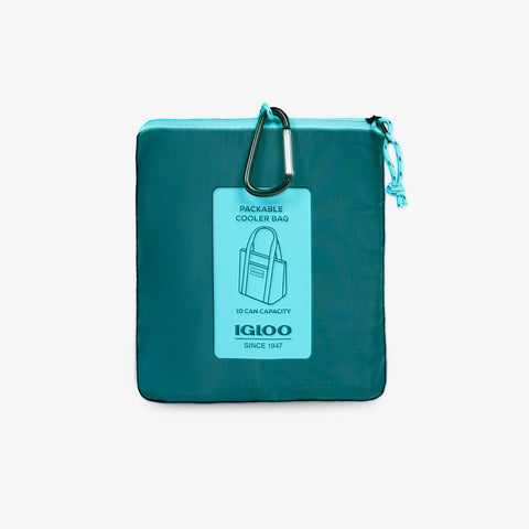 Packed View | Packable Puffer 10-Can Cooler Bag::Teal::Packs into front zip pocket
