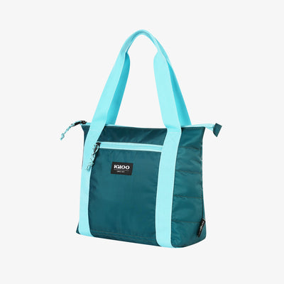 Angle View | Packable Puffer 10-Can Cooler Bag::Teal::Made from recycled water bottles