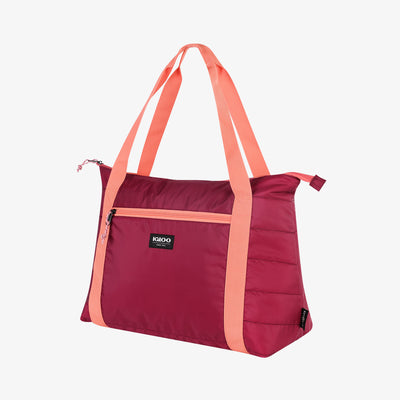 Angle View | Packable Puffer 20-Can Cooler Bag::Magenta::Made from recycled water bottles