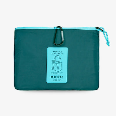 Packed View | Packable Puffer 20-Can Cooler Bag::Teal::Packs into front zip pocket
